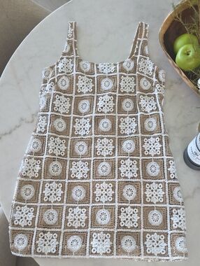 LOFT White & Tan Crochet Dress